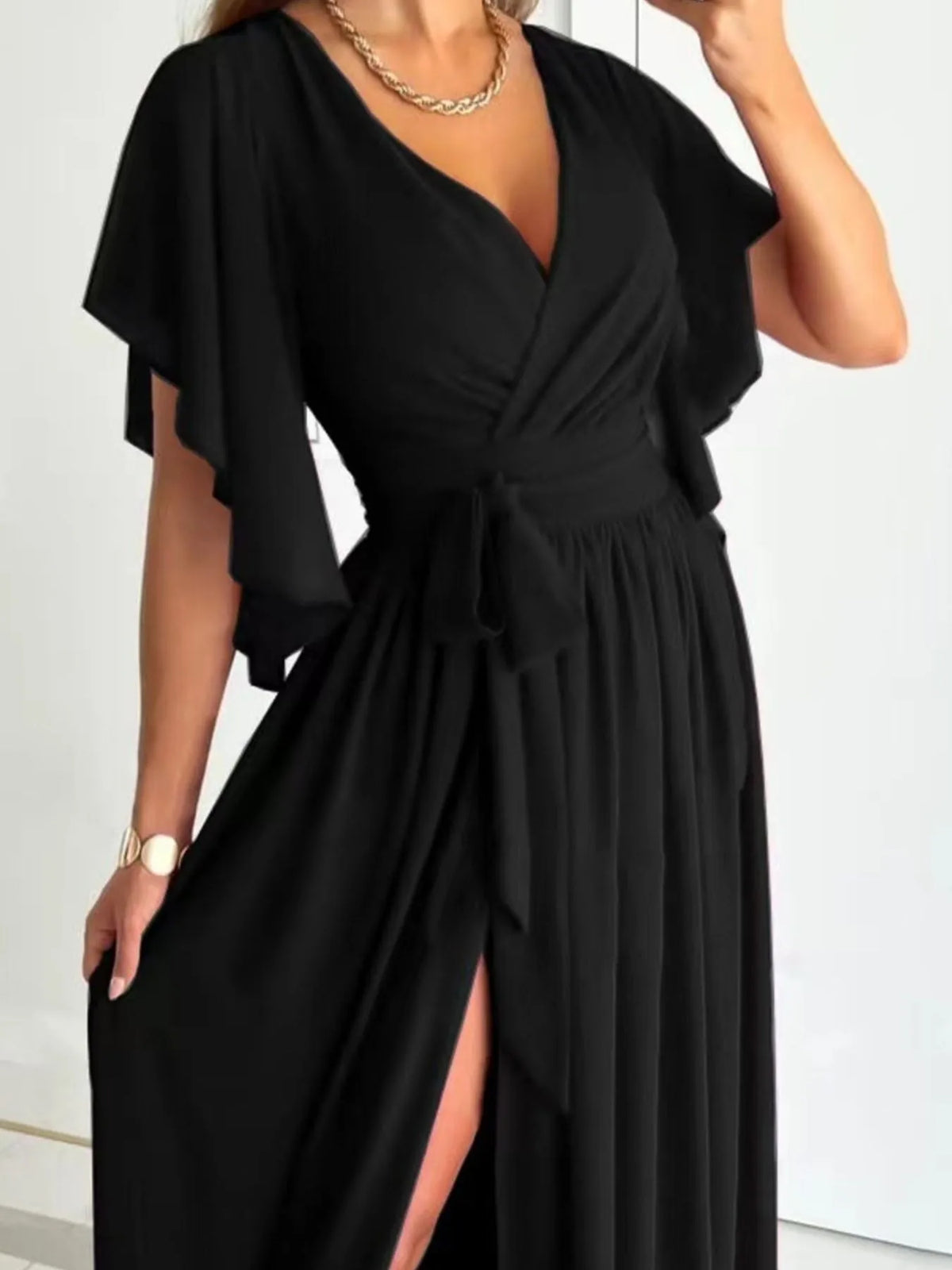Flutter Sleeve Surplice Tie Waist Dress - Ladyez