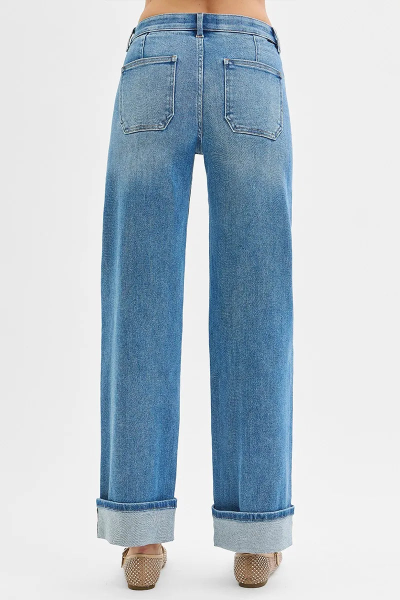 RISEN Full Size Elastic Band Mid Rise Wide Front Patch Pocket Cuff Jeans Plus Size - Ladyez