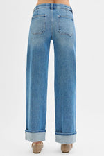 RISEN Full Size Elastic Band Mid Rise Wide Front Patch Pocket Cuff Jeans Plus Size - Ladyez