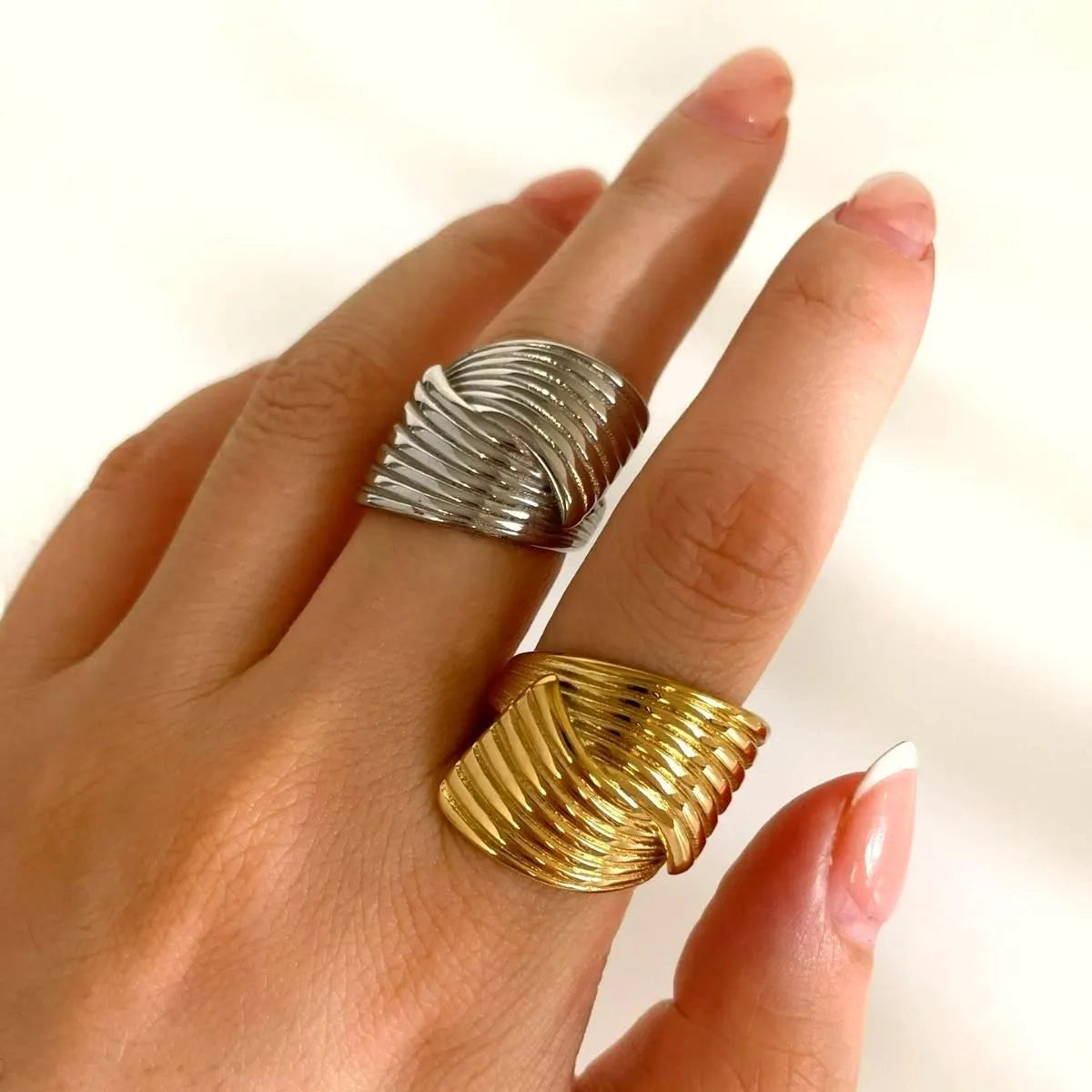2-Piece Stainless Steel Textured Wave Ring - Ladyez