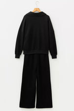 Collared V Neck Pullover Sweatshirt Sweatpants Set