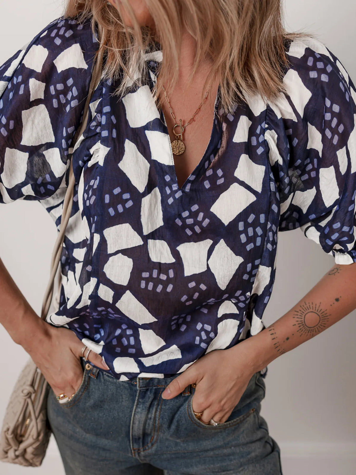 Abstract Print Frilled Puff Sleeve V Neck Blouse - Ladyez