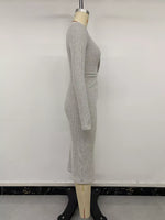 Ribbed Knit Twist Front Long Sleeve Midi Dress with Slit