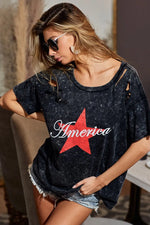 BiBi Laser Cut Mineral Washed Jersey Top withAmerica