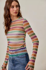 SO ME Mardi Gras Color Stripe Stretch Mesh Top