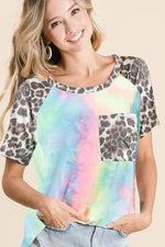BiBi Tie Dye Knit Top with Leopard Raglan Sleeves