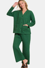 Zenana Quilted Button Up Long Sleeve Top and Pants Lounge Set - Ladyez