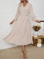 Tiered Notched Belted Midi Dress
