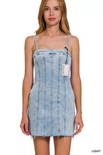 Zenana Spaghetti Strap Exposed Seam Light-Wash Dress