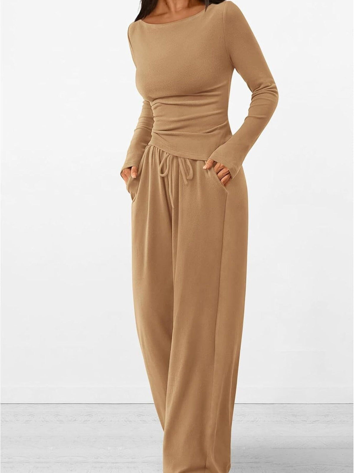 Round Neck Long Sleeve Top and Pants Set
