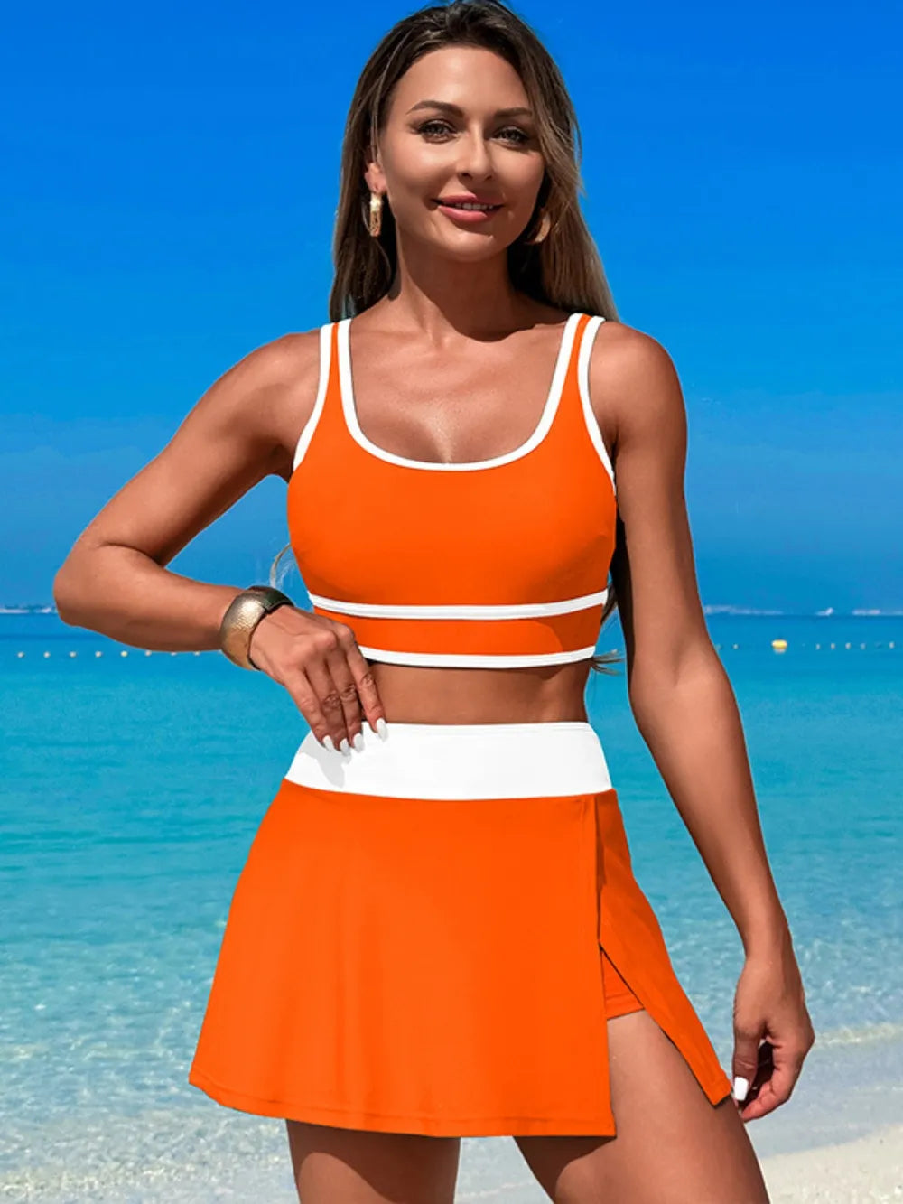 Scoop Neck Top and Skort Swim Set - Ladyez