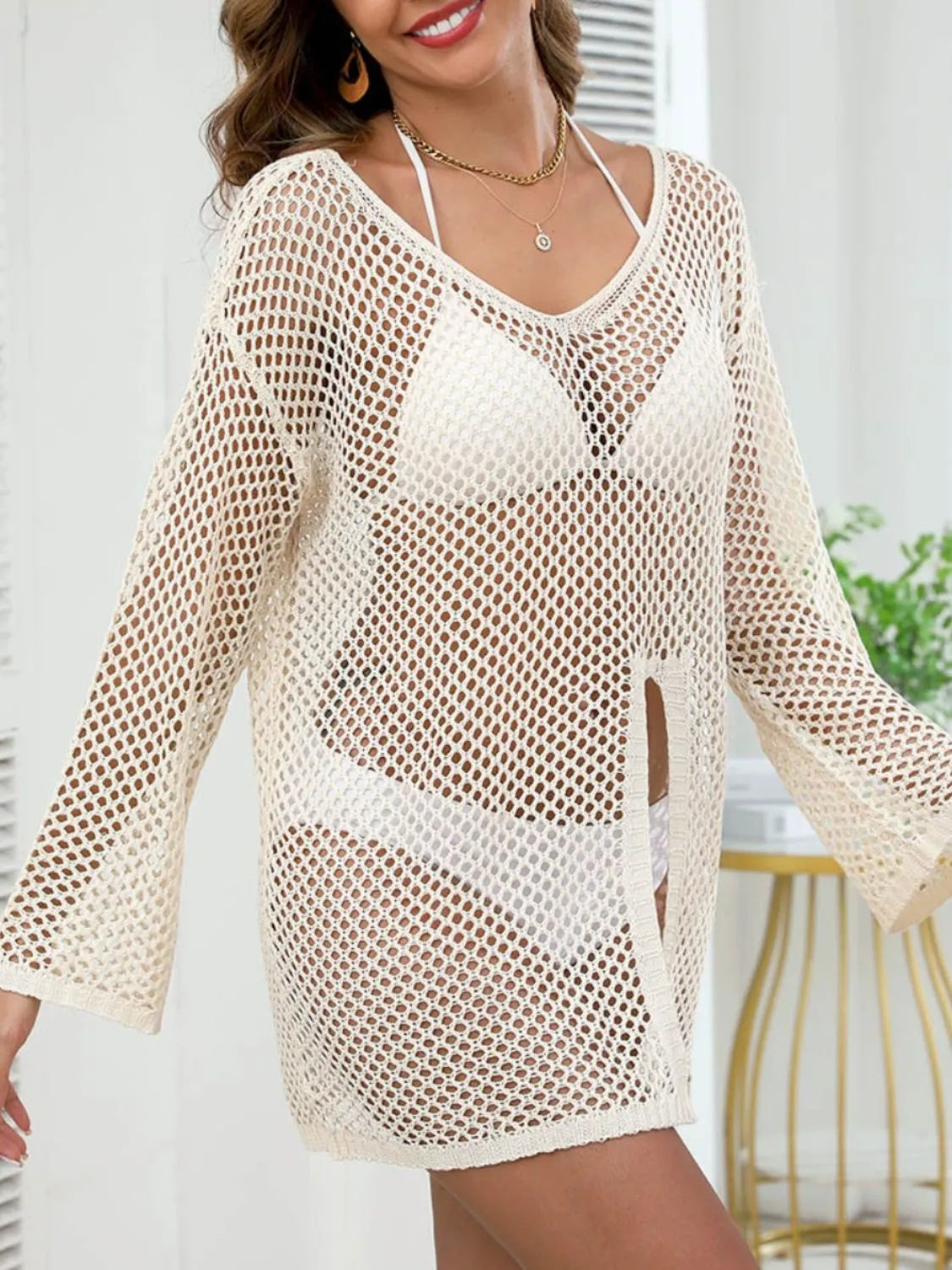 Openwork V-Neck Slit Cover-Up - Ladyez