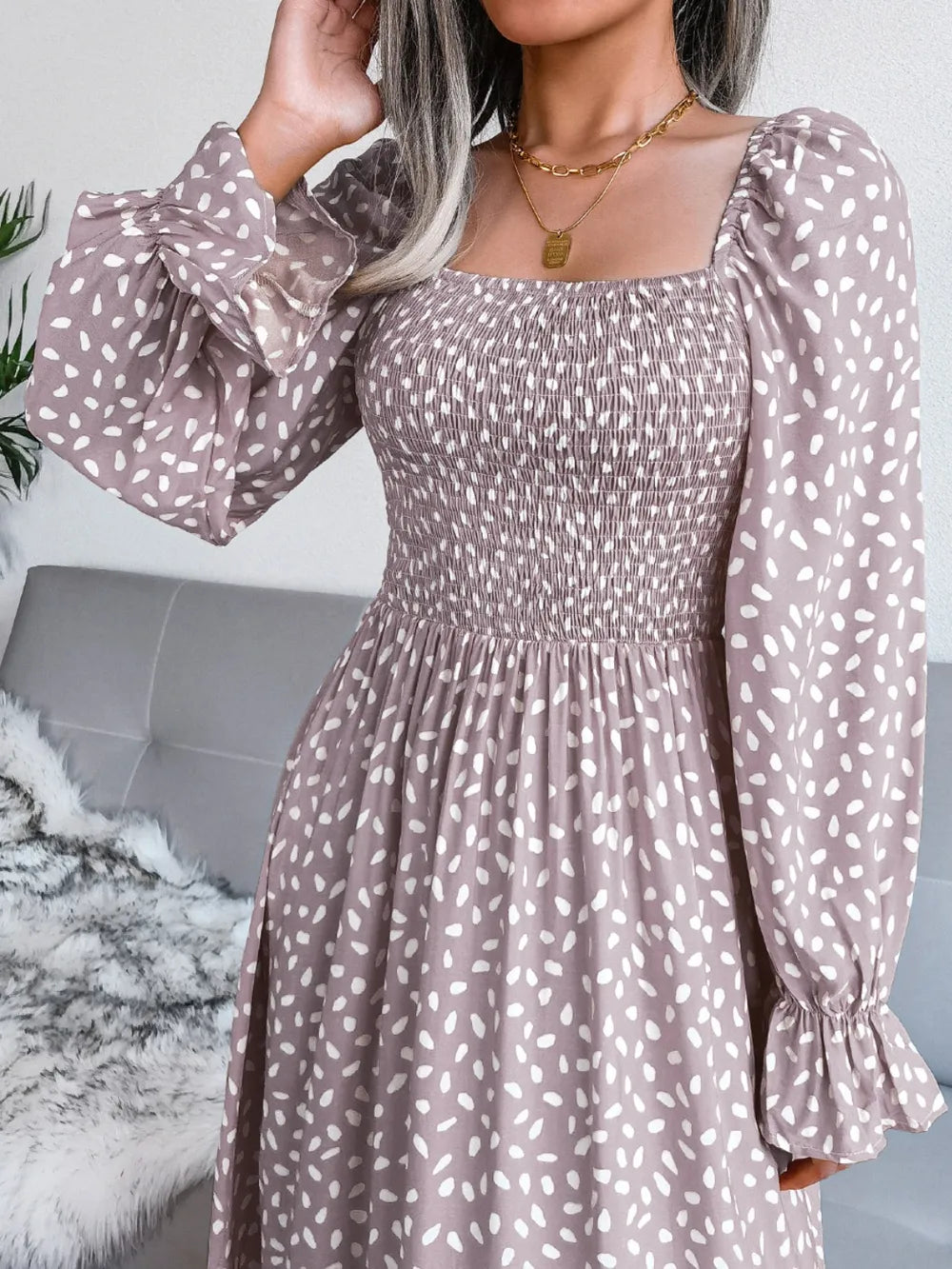 Smocked Square Neck Flounce Sleeve Dress - Ladyez