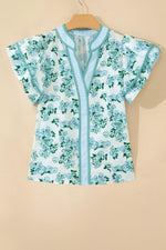 Floral Meets Stripes V Neck Flutter Sleeve Blouse