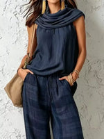Full Size Sleeveless Cowl Neck Top and Plaid Wide-Leg Pant Two-Piece Set Plus Size