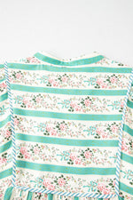 Striped Floral Print Tie Neck Puff Sleeve Midi Dress