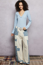 POL V-Neck Long Sleeve Ribbed Top with Lace-Accent Neckband