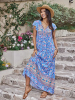Ruffled Printed Tie Neck Cap Sleeve Dress - Ladyez