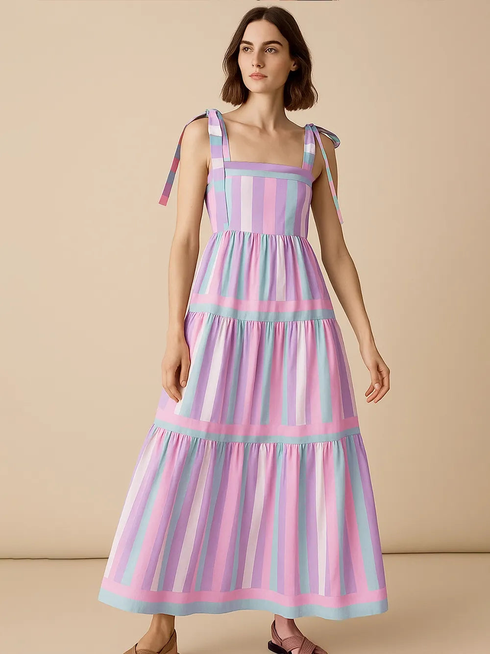 Striped Tiered Maxi Summer Dress with Bow Shoulder Ties - Ladyez