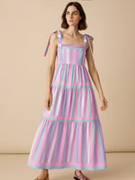 Striped Tiered Maxi Summer Dress with Bow Shoulder Ties - Ladyez