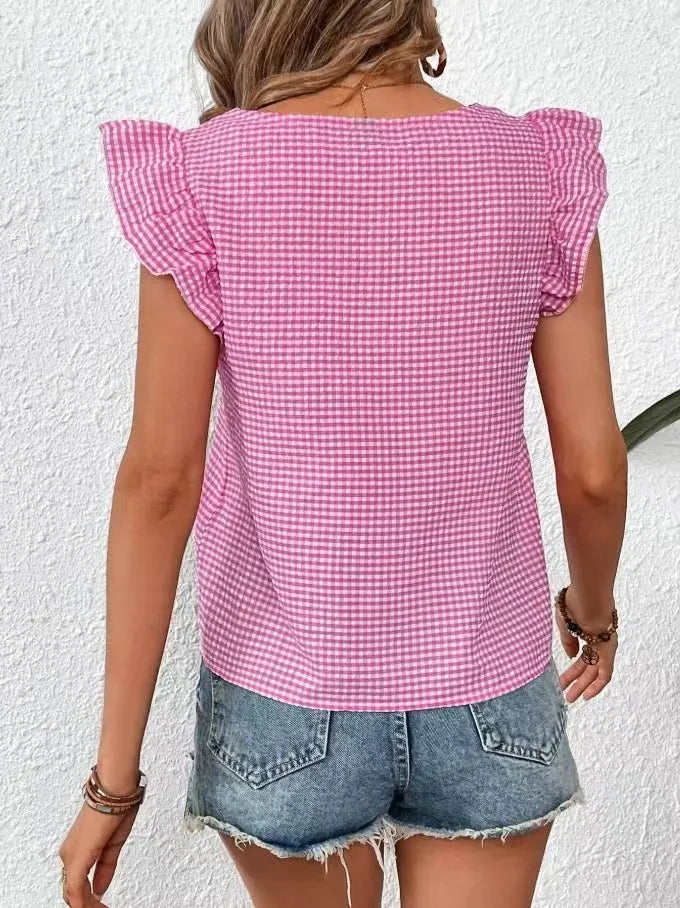 Ruffle Sleeve Gingham Square Neck Top - Ladyez
