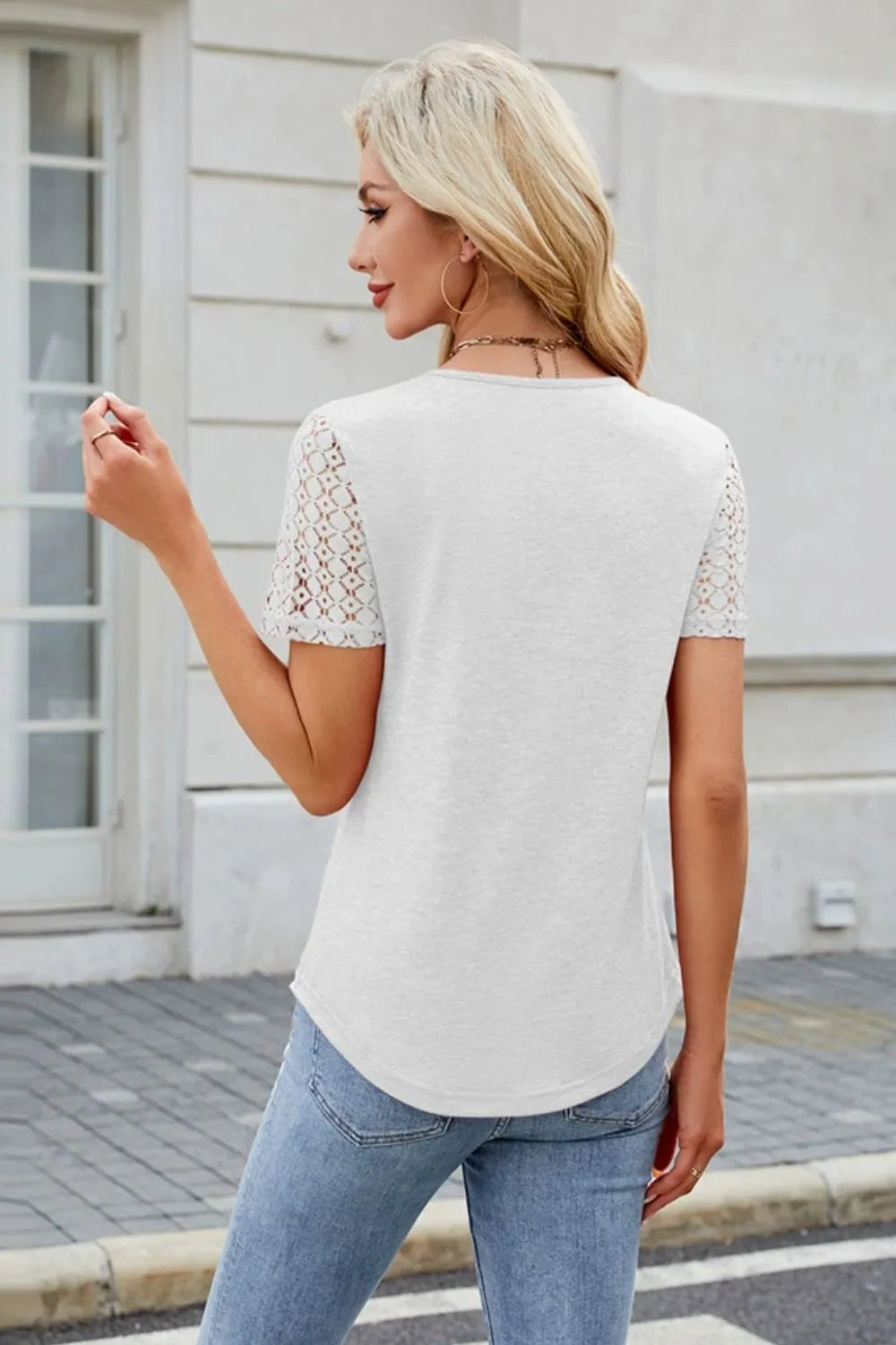 Smocked Round Neck Short Sleeve T-Shirt