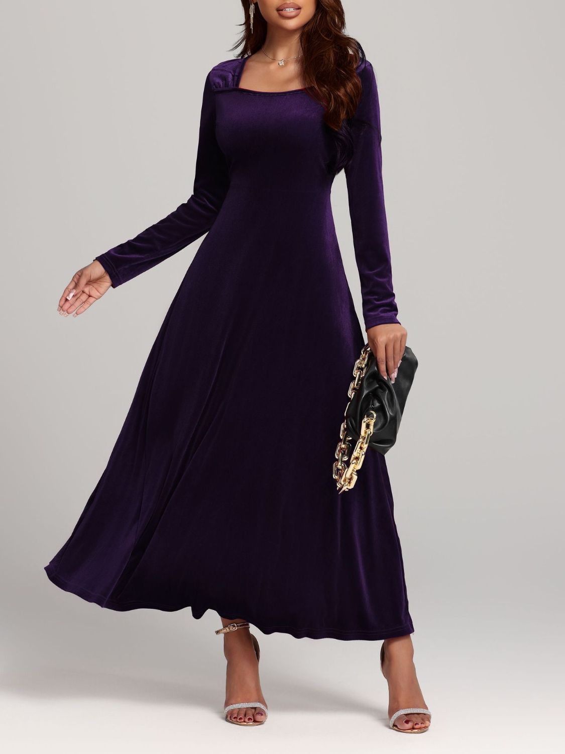 Square Neck Long Sleeve Velvet Dress - Ladyez