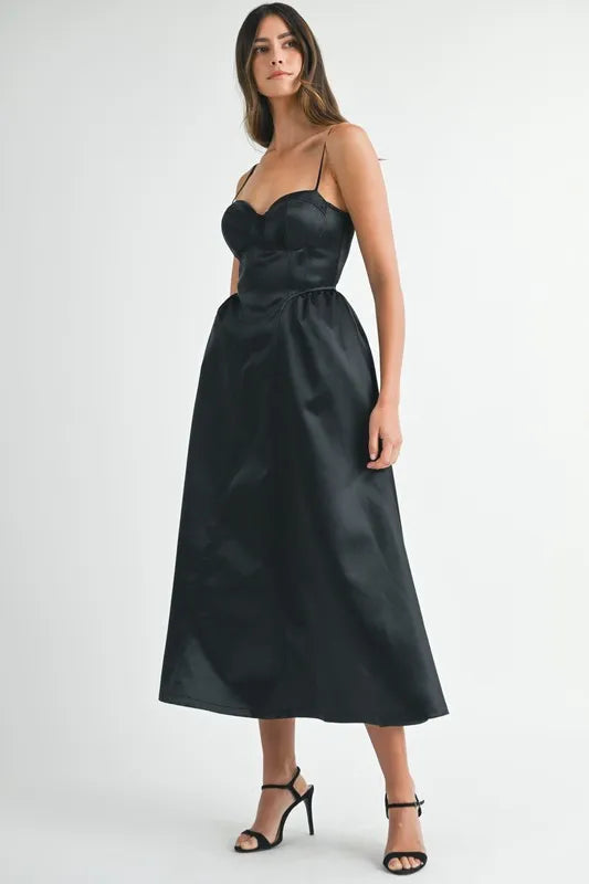 MABLE Solid Taffeta Spaghetti Strap Bustier Midi Dress - Ladyez