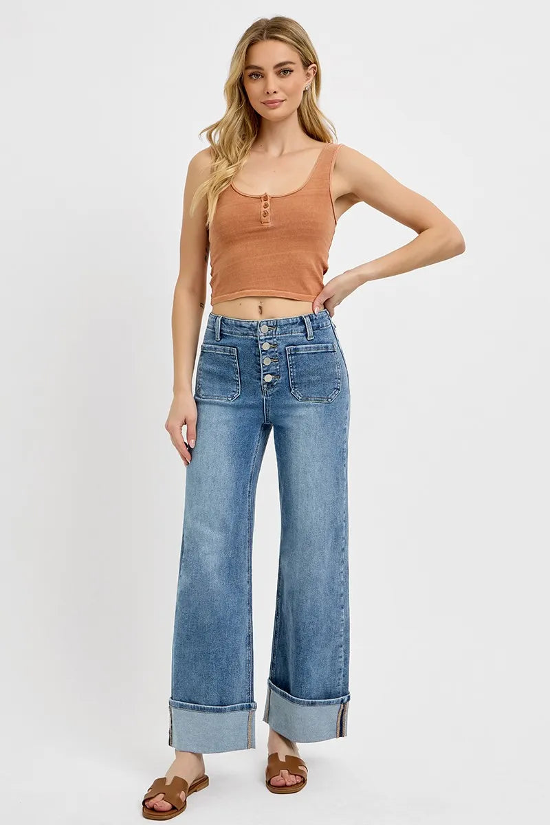 RISEN High Rise Ankle Wide Button Patch Pocket Cuffed Jeans - Ladyez