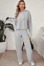 Ribbed Drawstring Hoodie and Pants Lounge Set - Ladyez