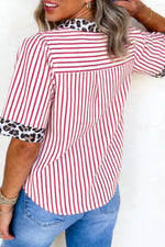 Leopard Trim Striped Button Up Shirt