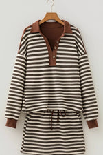 Stripe Contrast Trim Button Neck Long Sleeve Top Drawstring Mini Skirt Set
