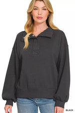 Zenana Fleece Half Snap Button Sweatshirt