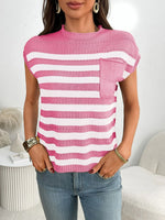 Striped Mock Neck Cap Sleeve Knit Top