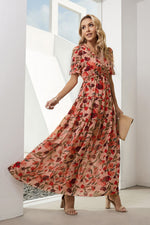 Floral V-Neck Short Flounce Sleeve Dress - Ladyez
