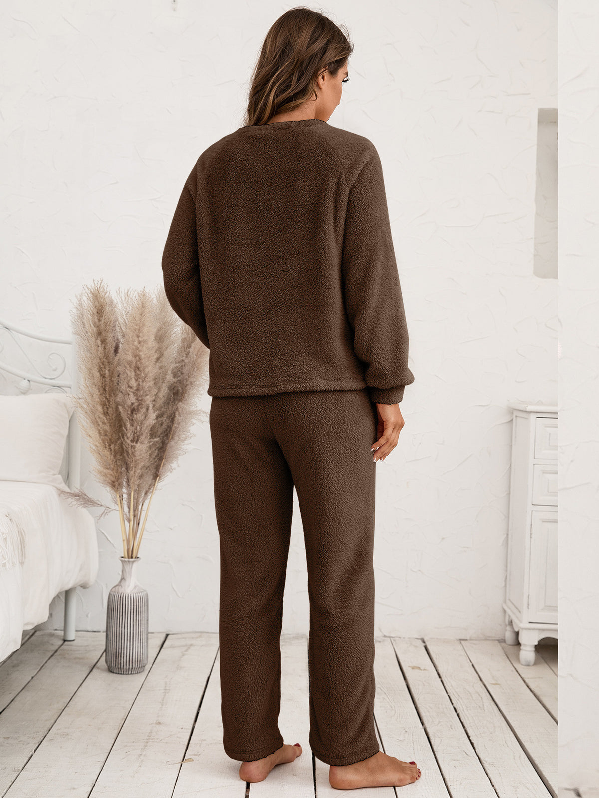 Ivy Lane Teddy Long Sleeve Top and Pants Lounge Set - Ladyez