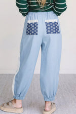 Lace Accent Floral Patched Pocket Pleated Wide Leg Slouchy Pants