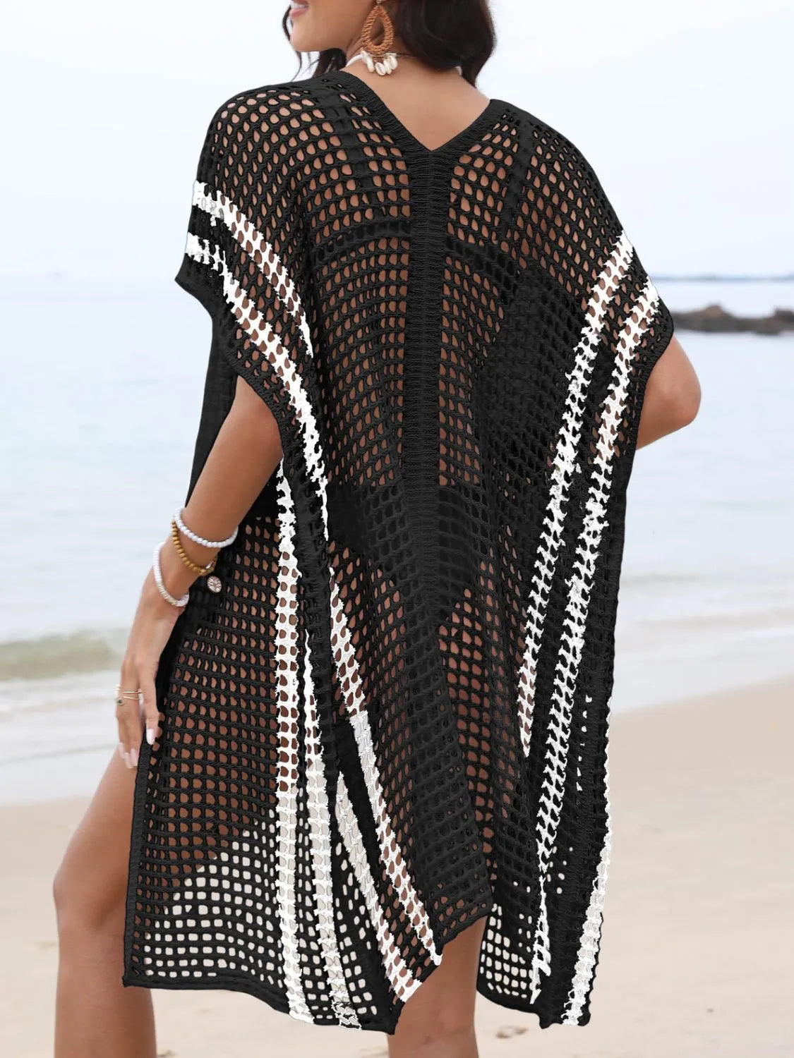 Open Front Contrast Openwork Cover-Up - Ladyez