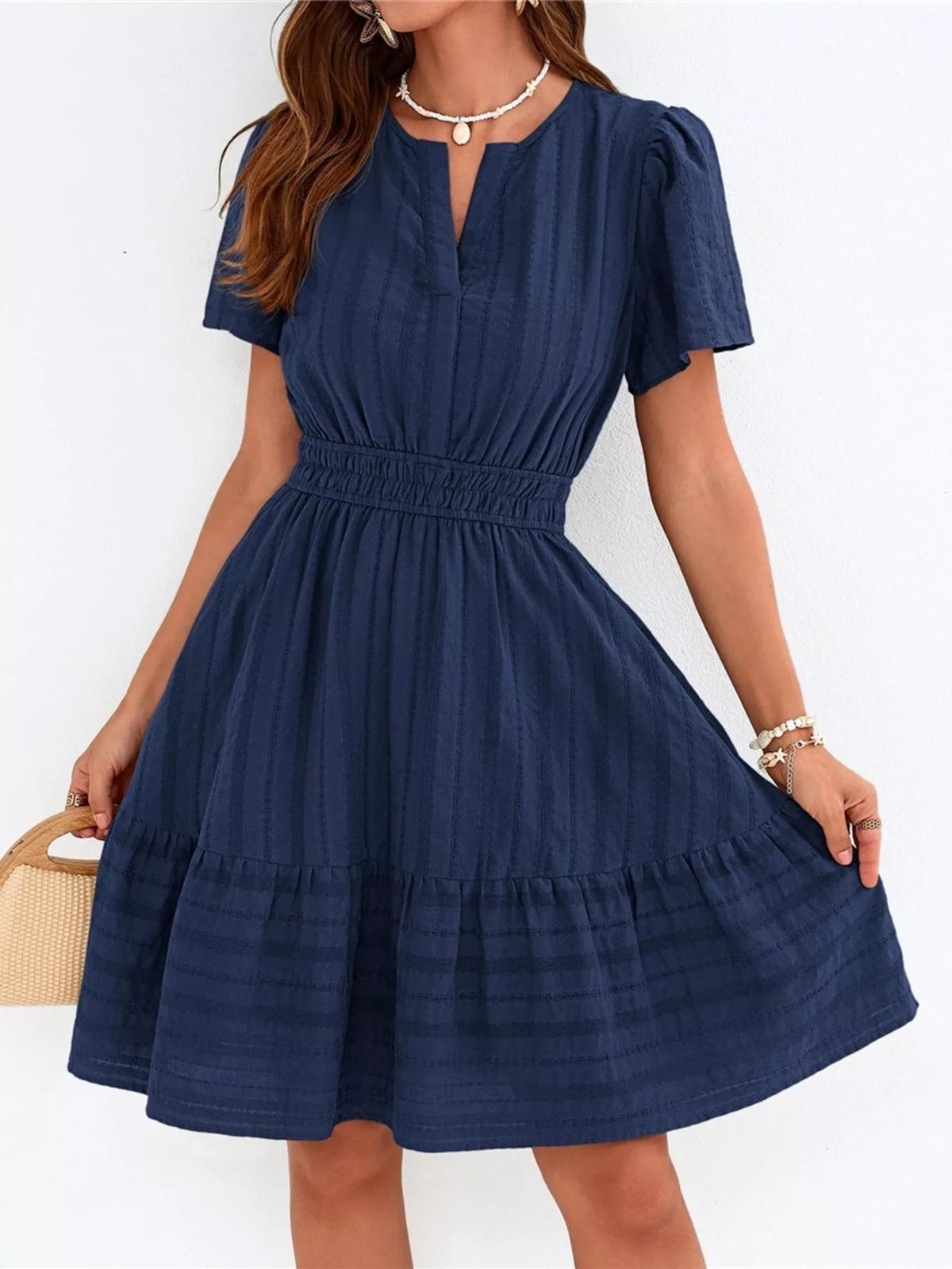 Short Sleeve Smocked Waist Tiered Dress