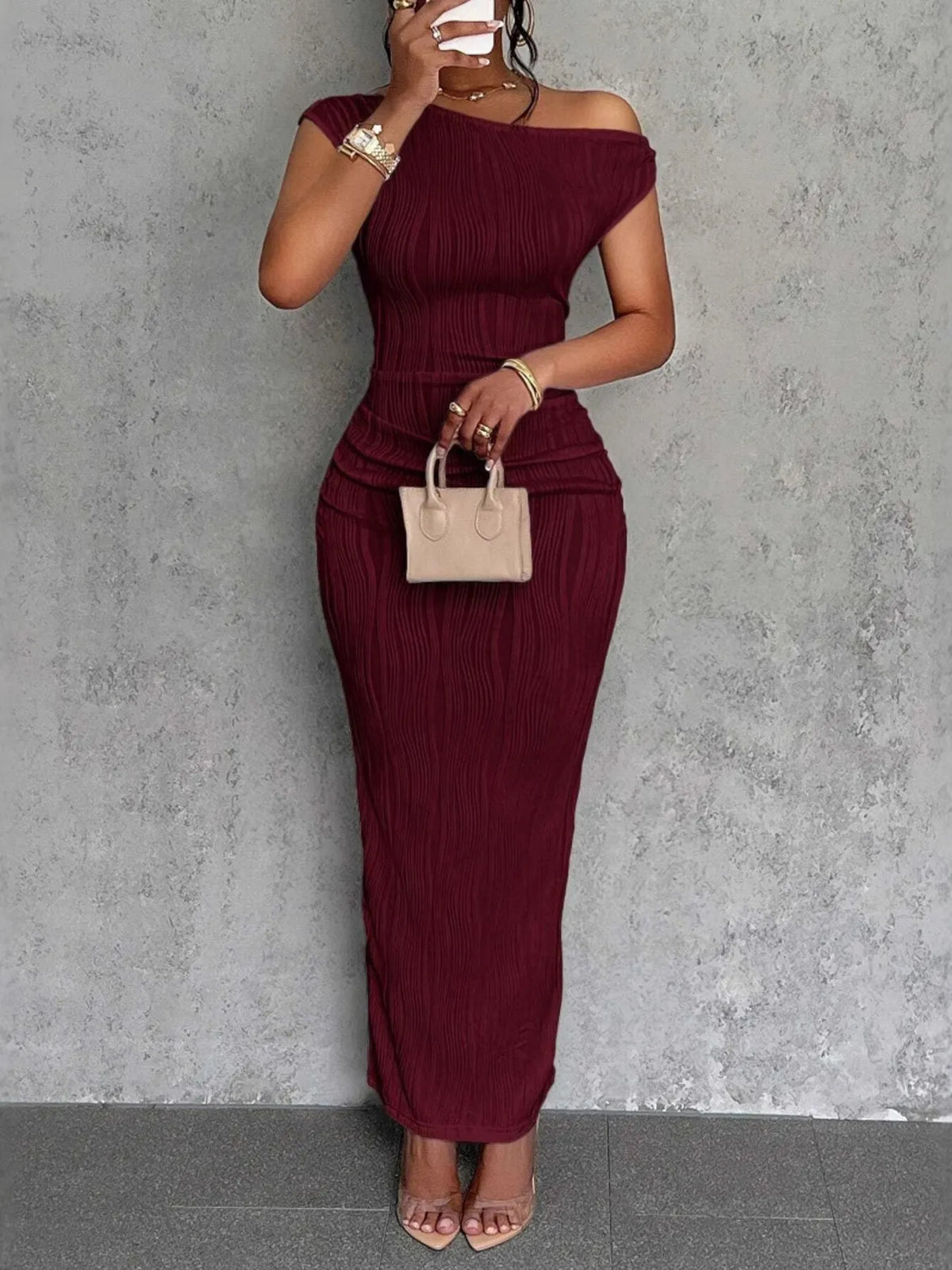 Textured Single Shoulder Bodycon Maxi Dress - Ladyez