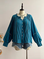 Plus Size Frill Pleated Lantern Sleeve Blouse