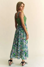 Davi & Dani Multi Smocked Bodice Geo Ruffle Strappy Midi Dress