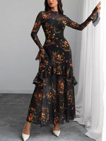 Floral Print Flounce Sleeve Mermaid Maxi Dress