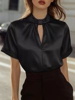 Keyhole Neck Satin Short Sleeve Blouse