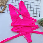 Halter Neck Deep V Tied One-Piece Swimsuit - Ladyez