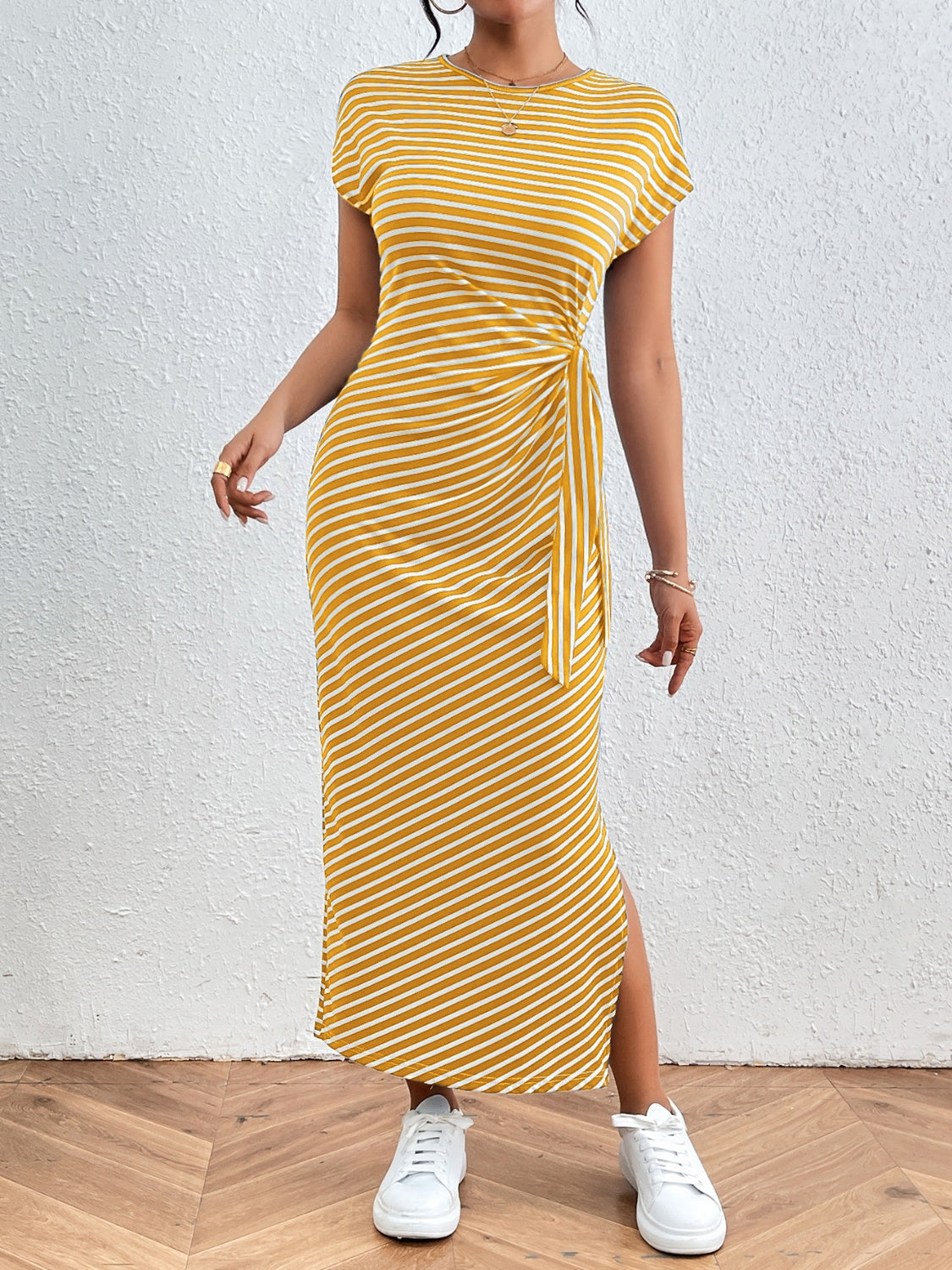 Honey Tied Striped Round Neck Short Sleeve Tee Dress - Ladyez