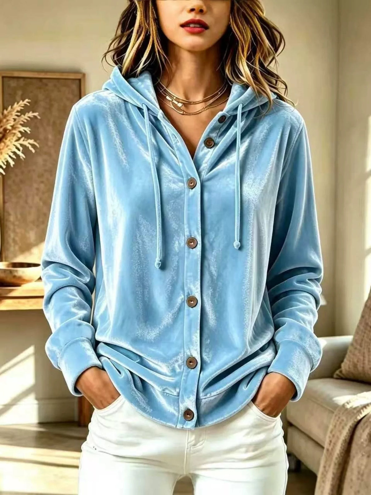 Full Size Velvet Button-Down Hooded Top Plus Size
