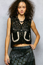 POL Button Down Cropped Crochet Vest with Scalloped Edge