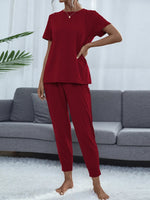 Shiny Round Neck Top and Pants Lounge Set - Ladyez