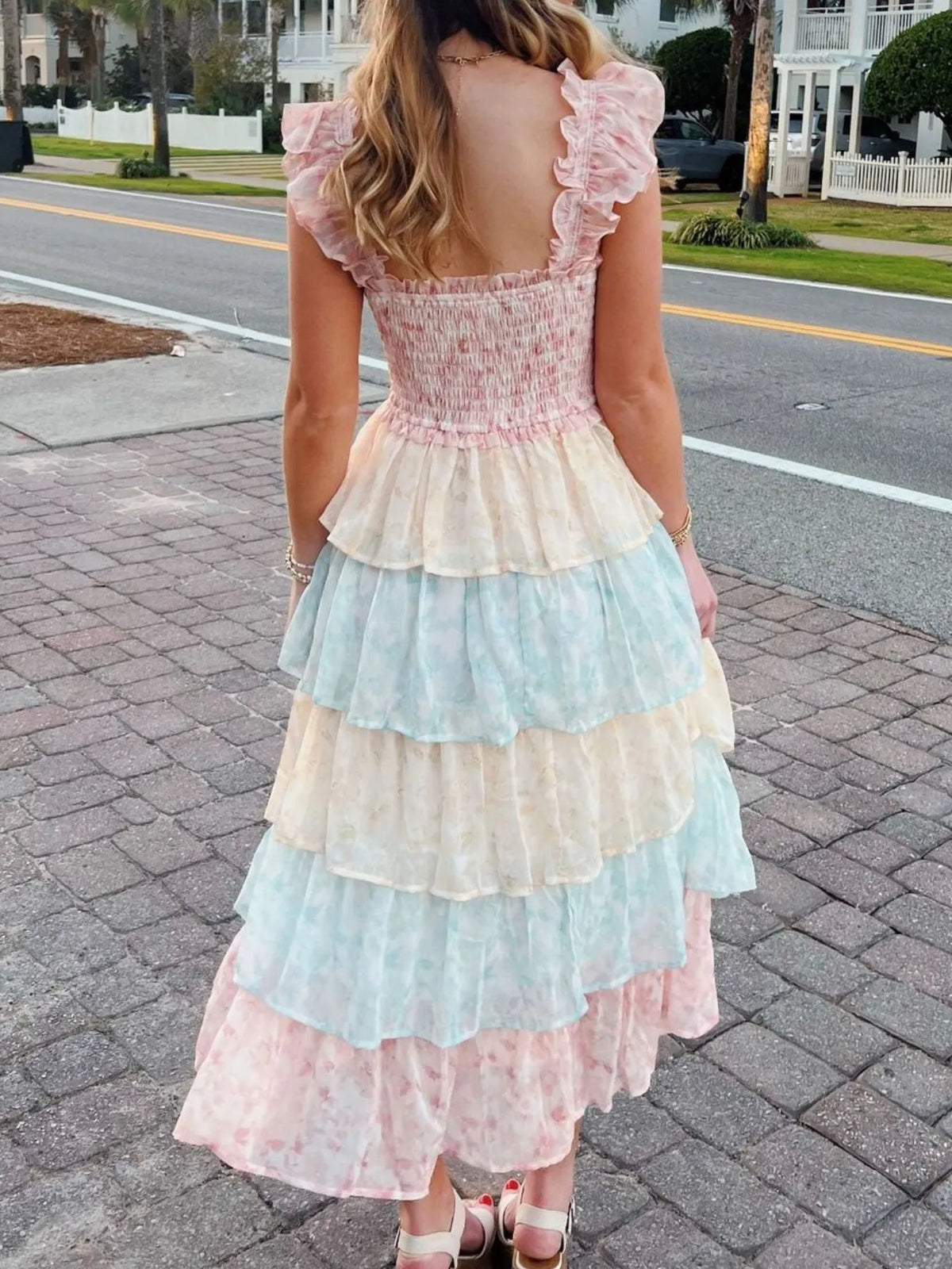 Smocked Ruffle Layered Floral Midi Dress